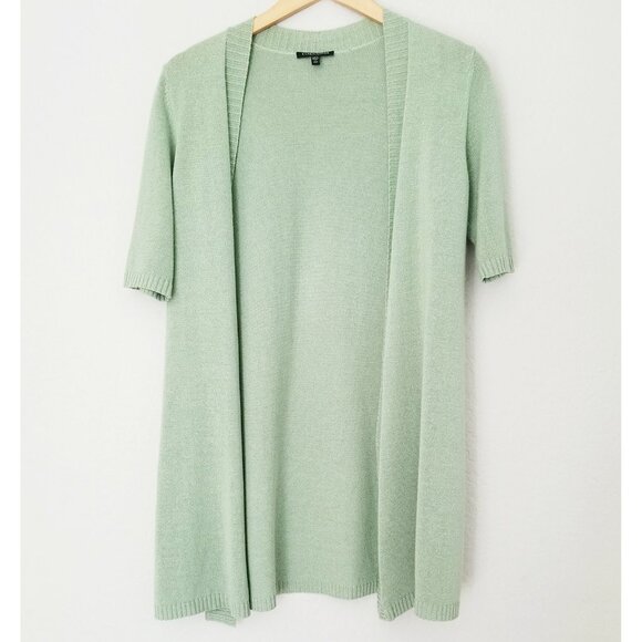 Eileen Fisher Short Sleeve Open Front Longline Cardigan Sage Green Petite M Silk - Picture 10 of 11